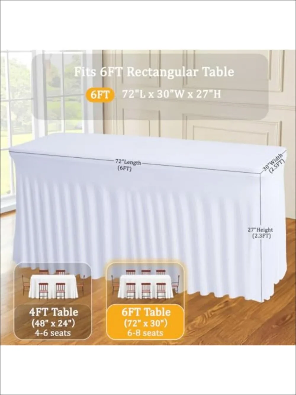 Spandex Fitted Tablecloth Rectangle 6FT Wrinkle Resistant Elastic Table Skirt